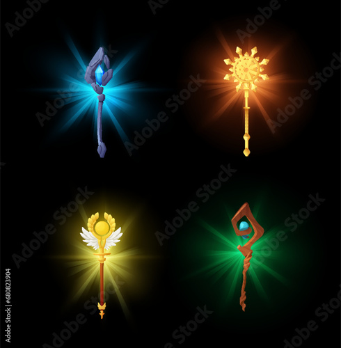 Magic glowing wands vector set, golden, stone, wooden fairytale stick with miracle gem, wizard and mages weapon rod