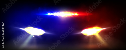 Police car light bar and headlights on black background. Vector realistic illustration of red, blue, yellow flashing siren lamps on emergency vehicle, patrol car flare effect at night, security guard