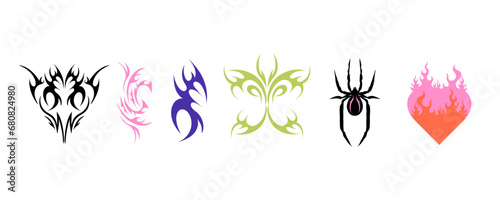 Y2k tattoo. Hearts with fire, butterfly, spider and gothic girly tribal abstract ornaments. Black silhouette. Modern retro stickers. 1990s 2000s art. Cyber sigilism style emo, vector set photo