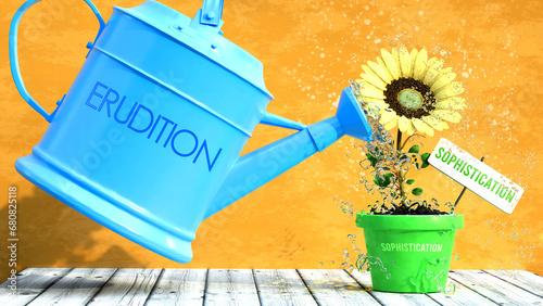 Erudition grows sophistication. A metaphor in which erudition is the power that makes sophistication to grow. Same as water is important for flowers to blossom.,3d illustration photo