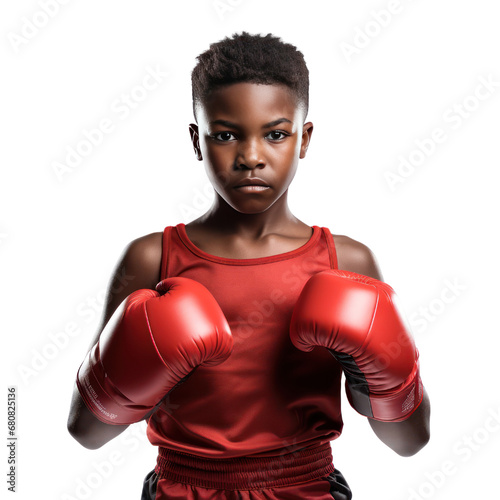 Young black boy in boxing  with gloves.  teen athlete. strong willed. isolated on transparent background. PNGs