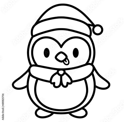 Cute Christmas penguin outline cartoon doodle	
