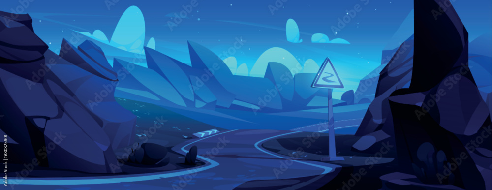 Winding mountain road perspective at night. Vector cartoon illustration of warning traffic sign on highway, huge rocky stones along steep route with sharp turns, stars in dark sky, canyon on horizon - obrazy, fototapety, plakaty 