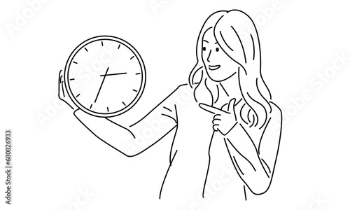 line art of time management businesswoman showing alarm clock