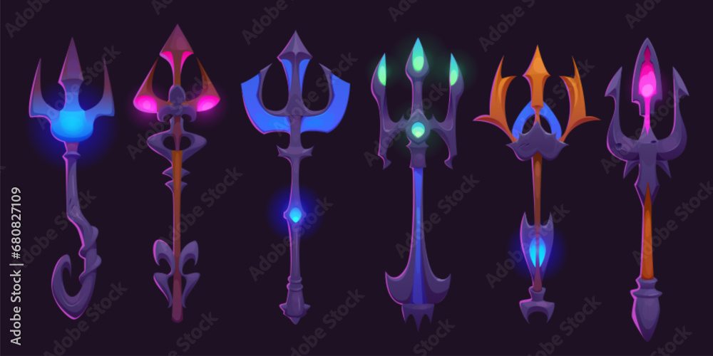 Cartoon god trident - vector illustration set of poseidon or neptune staff with three ends and glowing jewelry decorations. Magic fantasy game asset of metallic spear with fork limb and gemstones. - obrazy, fototapety, plakaty 