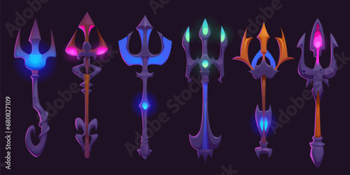 Cartoon god trident - vector illustration set of poseidon or neptune staff with three ends and glowing jewelry decorations. Magic fantasy game asset of metallic spear with fork limb and gemstones. photo