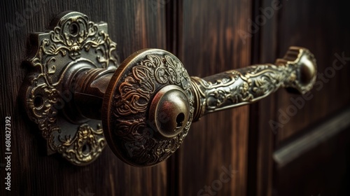 A close-up of an open wooden door handle with iron latch photo