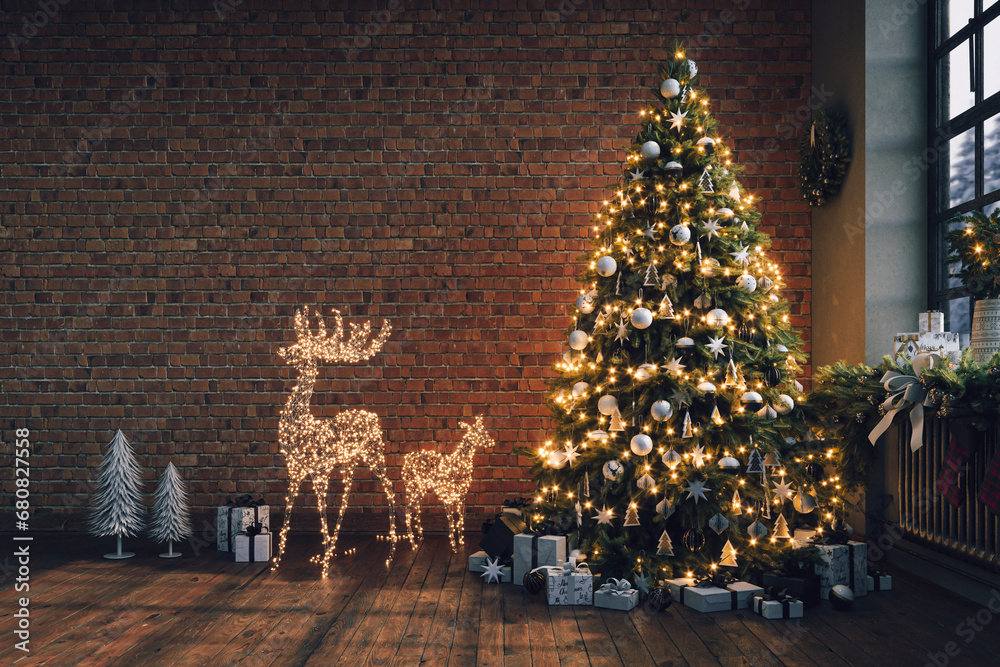 Industrial brick living room interior design with Christmas tree and gift boxes. New Year celebration. Loft Apartment, 3d render 