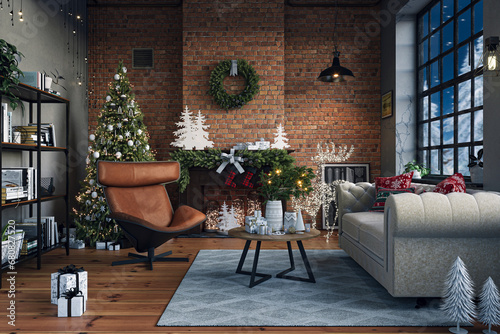 Industrial brick living room interior design with Christmas tree and gift boxes. New Year celebration. Loft Apartment, 3d render  © Василь Чейпеш