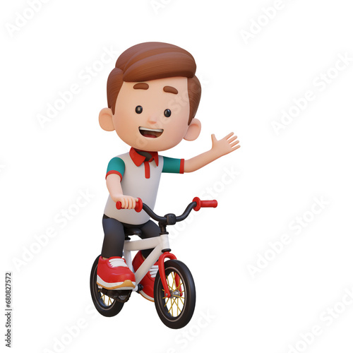 3D kid character ride bike go to school