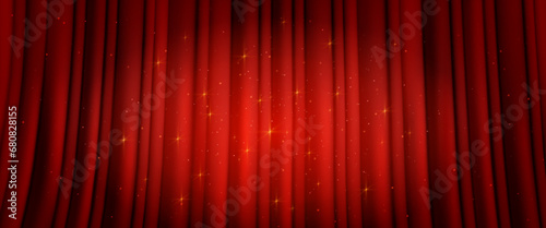 Red curtain with light spot and golden sparkles. Vector realistic illustration of theater stage closed with shimmering fabric drapery, night show, concert or circus performance banner background