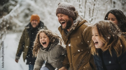 Kids and parents laughing during snowball fight in the forest, happy winter time photo