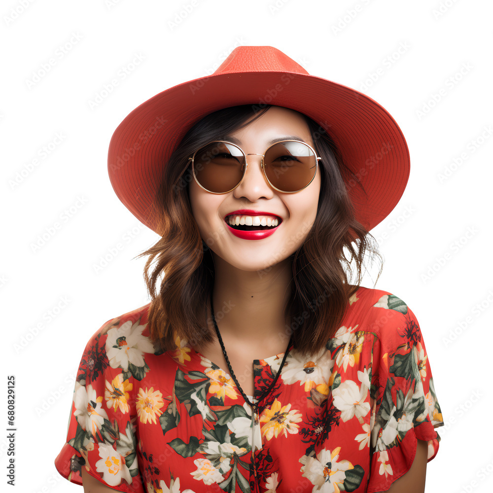 Summer travel fashion has hats, glasses and colorful clothes on transparent background PNG.
