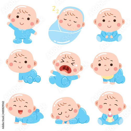 A charming cartoon-style illustration featuring babies in different adorable activities and emotions.