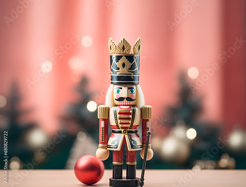Wooden Nutcracker light red background, Christmas toys from eco-friendly and recyclable materials.
