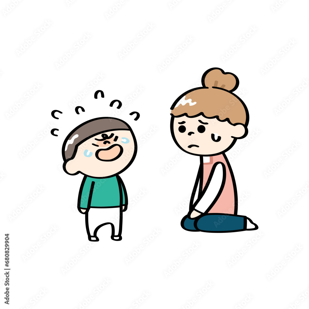 大泣きする子供と困る保育士さん 大泣きする子供と困る保育士さん