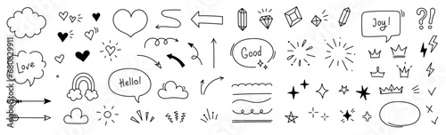 Hand drawn line cute star sparkle, heart, arrow elements. Doodle heart, arrow, star, sparkle decoration set icon. Simple sketch line style emphasis, attention, pattern elements. Vector illustration