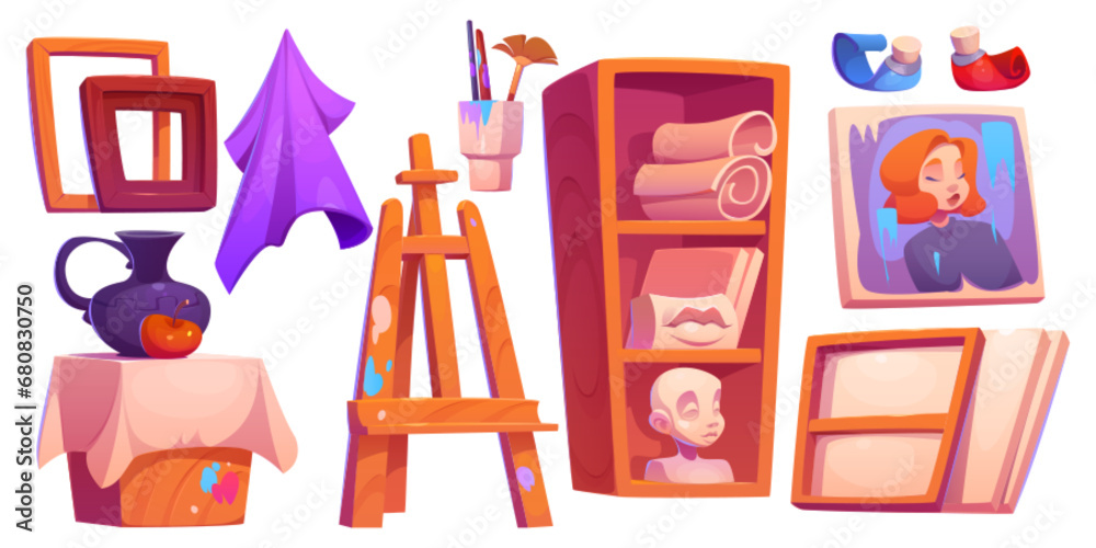 Art studio interior furniture and equipment for paint and creative education. Cartoon vector set of drawing classroom tools and supplies - easel and tripod stand, rack with paper and plaster models.