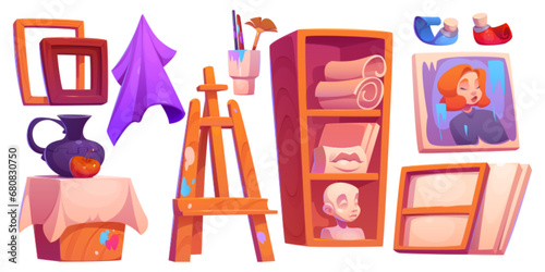 Art studio interior furniture and equipment for paint and creative education. Cartoon vector set of drawing classroom tools and supplies - easel and tripod stand, rack with paper and plaster models.