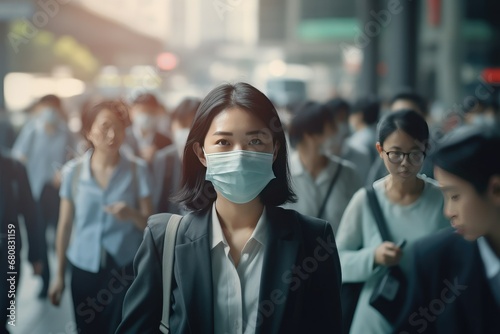 Asian businesswoman wearing a face mask to protect against the COVID-19 virus in the city.Generative AI