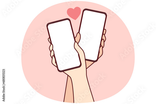 Close-up of couple hands holding cellphones with mockup screens texting online on gadgets. Man and woman with smartphones and internet communication. Vector illustration.