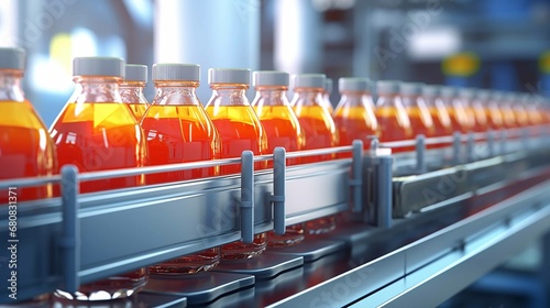 Automatic line for packing juices into glass or plastic containers. Beverage production. Bottling plant. Bottles on a factory conveyor belt. Illustration for cover, banner, brochure or presentation