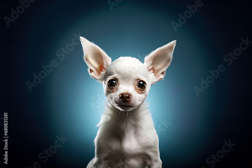 Portrait of a white chihuahua on a dark neutral background, cropped photo, studio light. Ai art
