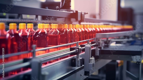 Automatic line for packing juices into glass or plastic containers. Beverage production. Bottling plant. Bottles on a factory conveyor belt. Illustration for cover, banner, brochure or presentation