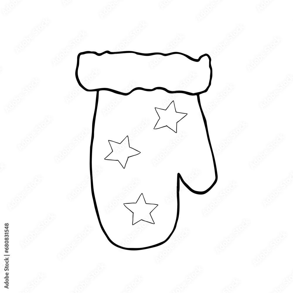 Christmas mitten with stars. Outline drawing. Hand drawn vector illustration. Design element. For coloring, cards, prints, packaging, invitations, business cards, advertising Christmas mitten with stars. Outline drawing. Hand drawn vector illustration. Design element. For coloring, cards, prints, packaging, invitations, business cards, advertising