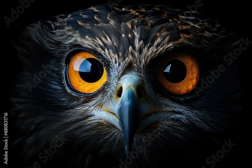 Beautiful photo of a majestic bald eagle’s eyes, extreme macro close up of an eye, black background