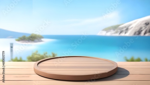 an empty round table on a wooden deck overlooking the ocean, a raytraced image, photorealism, island background, round background, ocean background setting, horizontal resolution. Generative Ai © Baxxtee