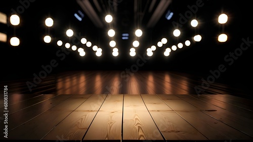empty wooden table with blurred lights, a raytraced image, light background, arena background, volumetric lighting. Generative Ai
