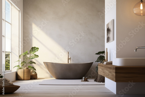Find comfort and elegance in this modern bathroom with a spacious white bathtub and a sleek, inviting sink is AI Generative. photo