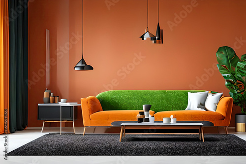 A modern living room with a sofa, table and artwork on the wall photo