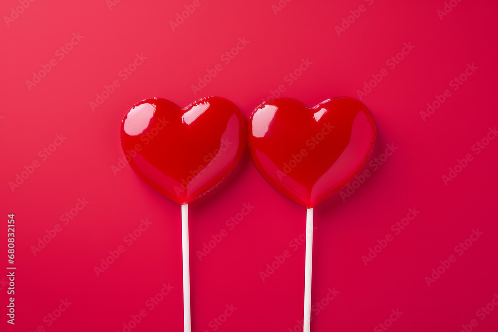 Colorful heart-shaped lollipops on a red background, perfect for Valentine's Day card designs and sweet love-themed gifts. AI Generative.