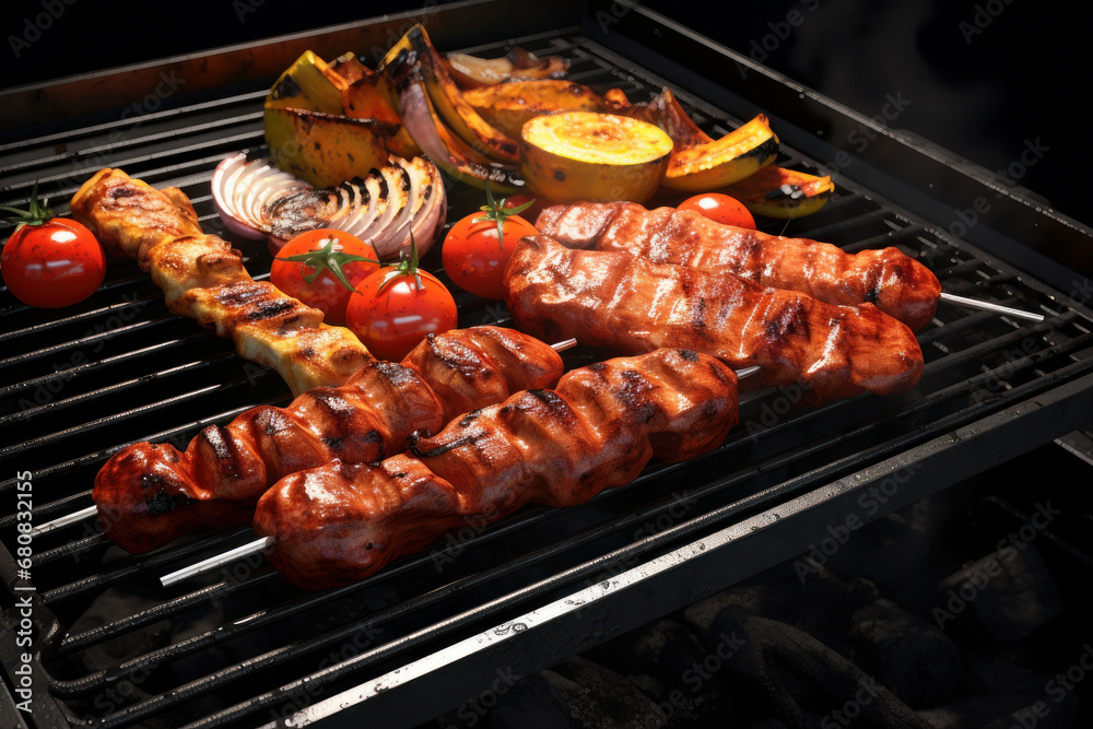 Transform your patio into a barbecue haven with these skewers, showcasing meat and vegetables grilling over a fiery charcoaled grill. Foodie's delight is AI Generative.