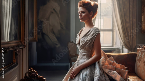 A young lady with an elegant hairstyle stands in a vintage room, wearing a sparkling gown, with sunlight streaming through a window, highlighting a luxurious sofa beside her © Sachin