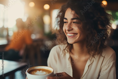 Close-up of a happy young woman enjoying a cappuccino in a coffee shop; Aromatic and cheerful delight for coffee photo