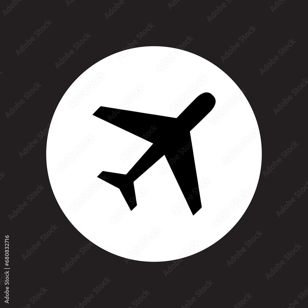 Airplane icon vector. Airplane logo design. Airplane vector icon illustration in circle isolated on black background Airplane icon vector. Airplane logo design. Airplane vector icon illustration in circle isolated on black background