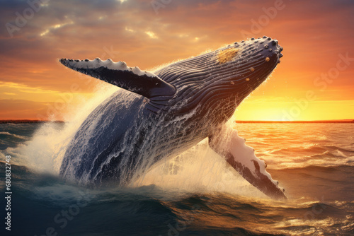 Experience the wonder of a humpback whale's leap off Madagascar's St. Mary's Island. A rare and beautiful sight in marine biology and nature photography. AI Generative. © Alisa