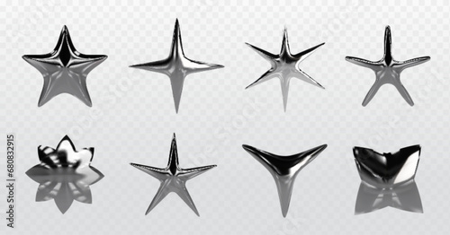 Chrome y2k stars of various shapes - 3d realistic vector illustration set of silver inflatable liquid metal abstract forms. Graphic design elements made of glossy steel or mercury with reflections. photo
