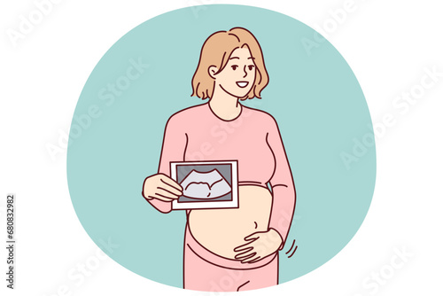 Smiling pregnant woman touch belly show scan of embryo. Happy future mom hold ultrasound picture of baby. Pregnancy and motherhood. Vector illustration.