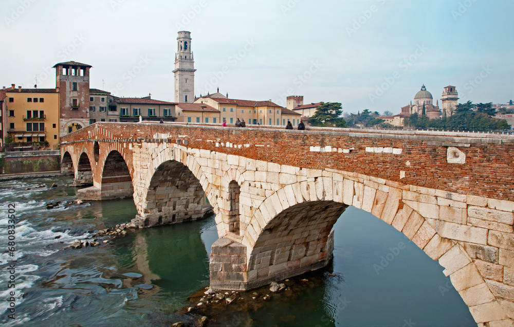 Verona - Pietra bridge  - Ponte Pietra and Duomo tower and San Giorgio church in background