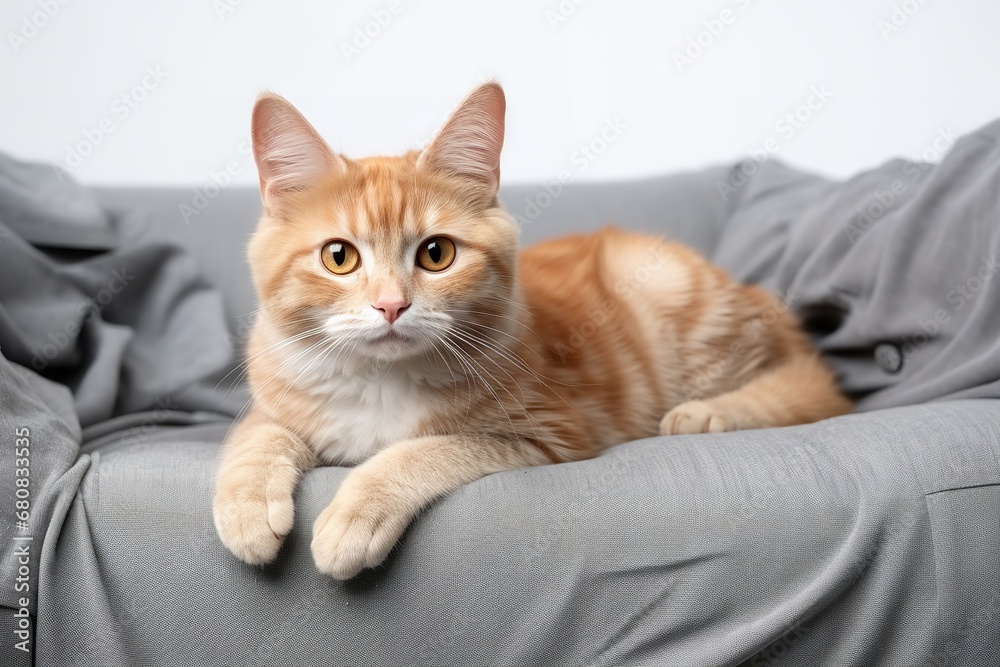 A close-up photo of an orange and white cat lying on a couch. The cat is looking directly at the camera with its bright yellow eyes.