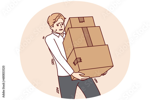 Tired young man carrying stack of boxes. Exhausted male carrier with pile of cardboard packages. Delivery concept. Vector illustration.