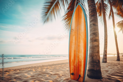Leisure and surfing on a Caribbean beach - a surfboard resting against a palm tree in the sunshine. AI Generative.