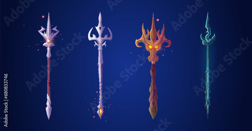 Poseidon or Neptune magic fantastic trident made of wood and metal and decorated with gemstones. Cartoon vector illustration set of mythology harpoon or pitchfork for nautical god with magic power.