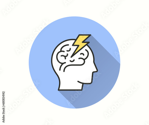 Stroke brain icon with long shadow for graphic and web design.