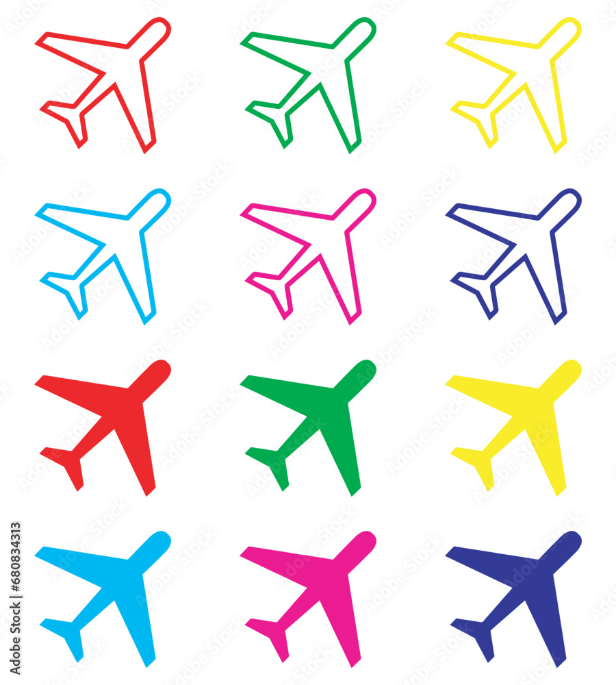 Airplane icon vector. Airplane icon sign symbol in trendy flat style. Set elements in colored icons. Airplane vector icon illustration isolated on white background Airplane icon vector. Airplane icon sign symbol in trendy flat style. Set elements in colored icons. Airplane vector icon illustration isolated on white background