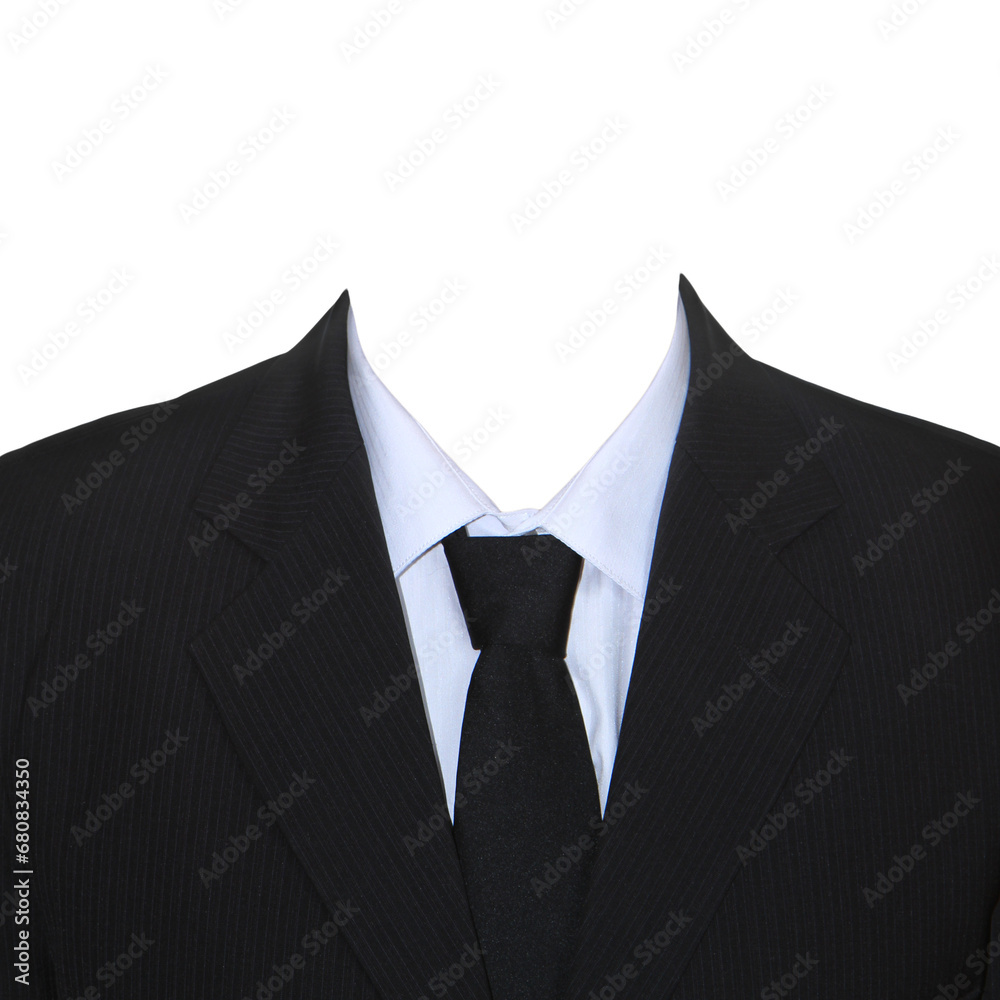 Black jacket, white shirt, black tie. No background. Men's business ...